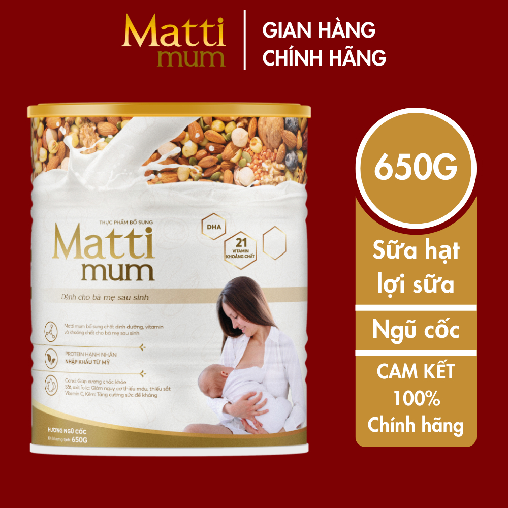 Sữa Matti Mum Sữa Hạt Lợi Sữa 100% Đạm Thực Vật Cho Mẹ Sau Sinh Đạt Chứng Nhận NON-GMO Của Hoa Kỳ Hộp 650g