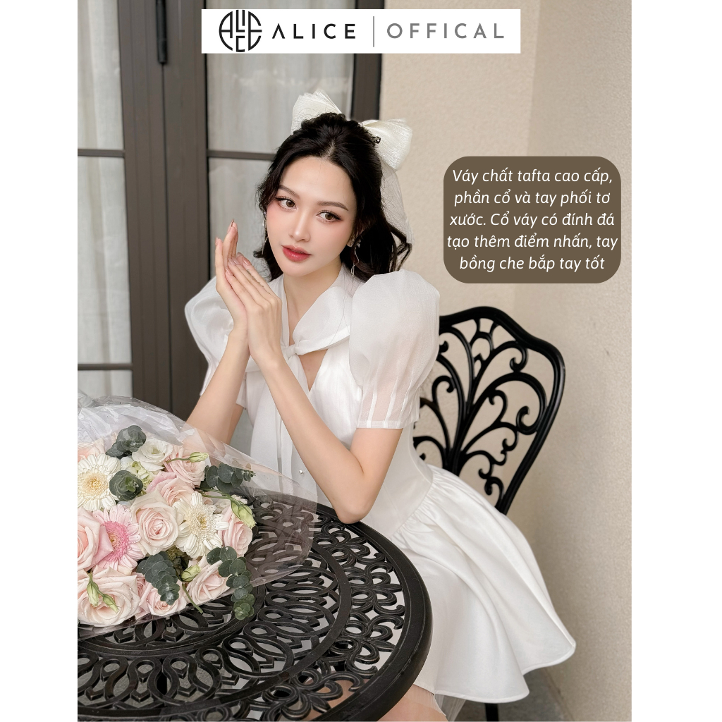 Ảnh Váy Trắng Tiểu Thư Sang Chảnh ALICE Váy Chất Tafta Phối Tơ Xước Thiết Kế Cổ Đính Đá Tạo Điểm Nhấn Điệu Đà V964 3