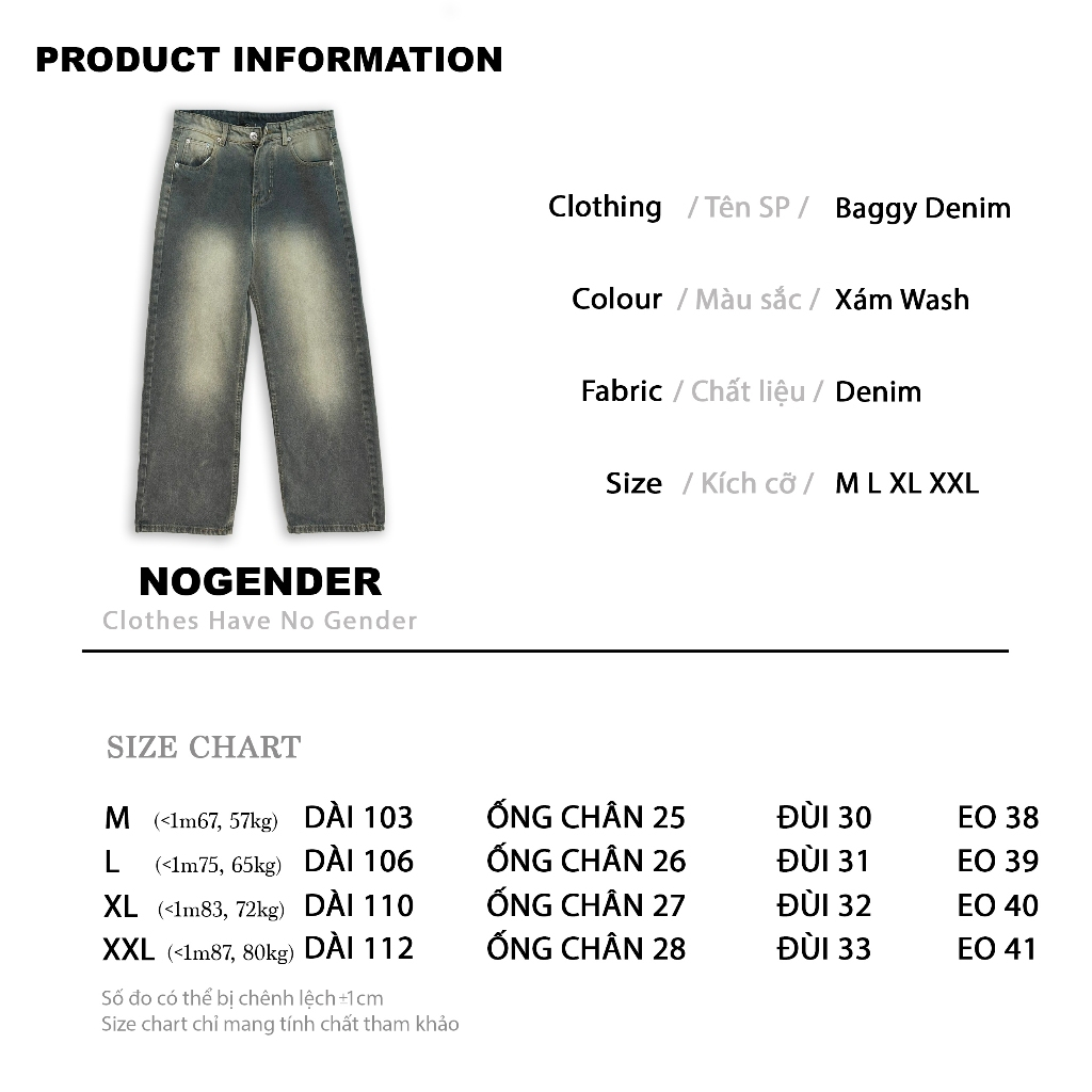 QUẦN BAGGY DENIM MÀU XÁM WASH UNISEX