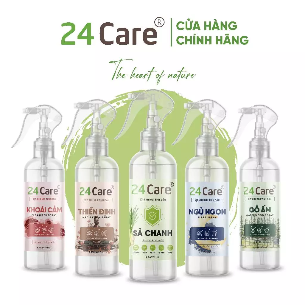 Xịt phòng hữu cơ 250ml 24Care tinh dầu Sả Chanh/ Bạc Hà/ Quế/ Lavender/ Bưởi/ Oải hương - xịt khử mùi và xua đuổi muỗi