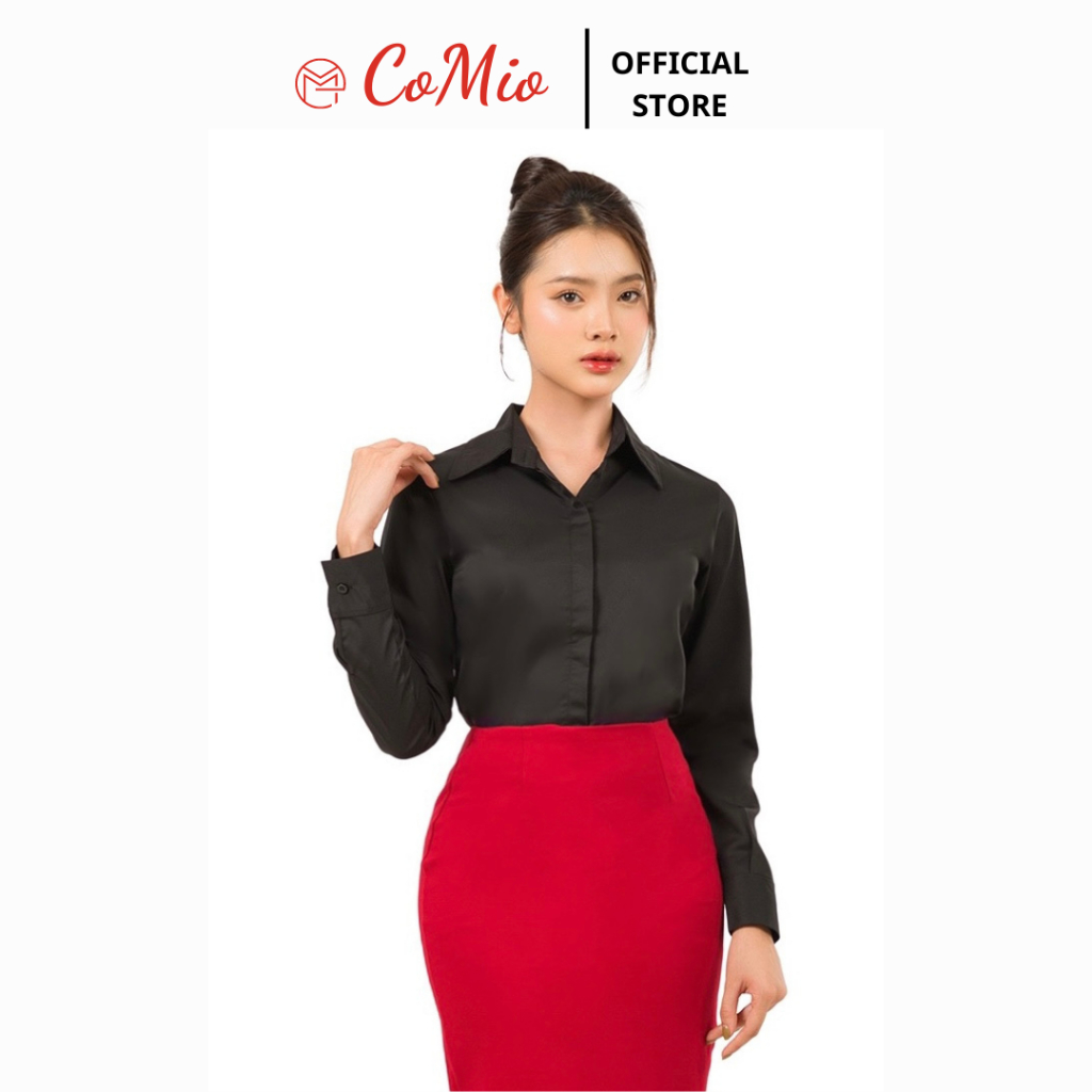 Áo sơ mi đen tay dài nữ CoMio công sở không nhăn, giấu nút chất vải cotton mềm mịn đứng fom thiết kế thanh lịch