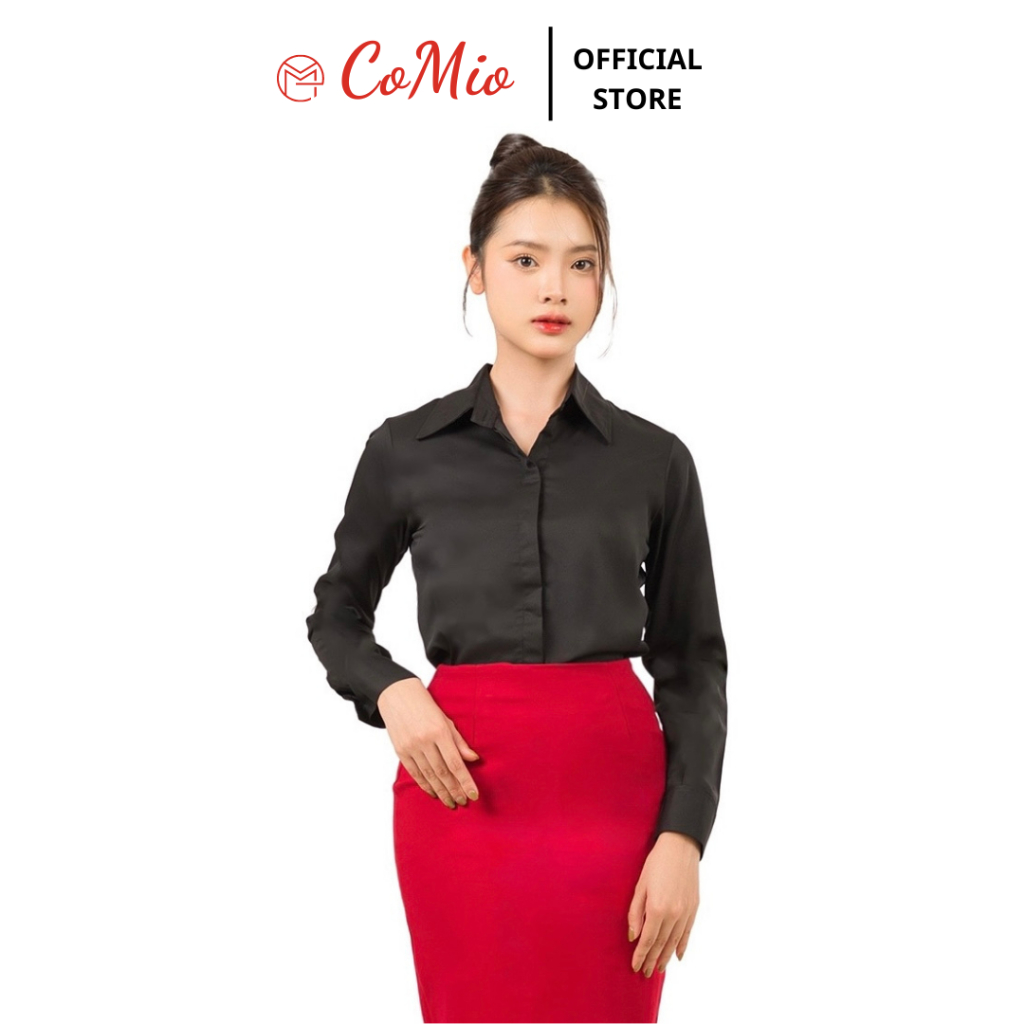 Áo sơ mi đen tay dài nữ CoMio công sở không nhăn, giấu nút chất vải cotton mềm mịn đứng fom thiết kế thanh lịch