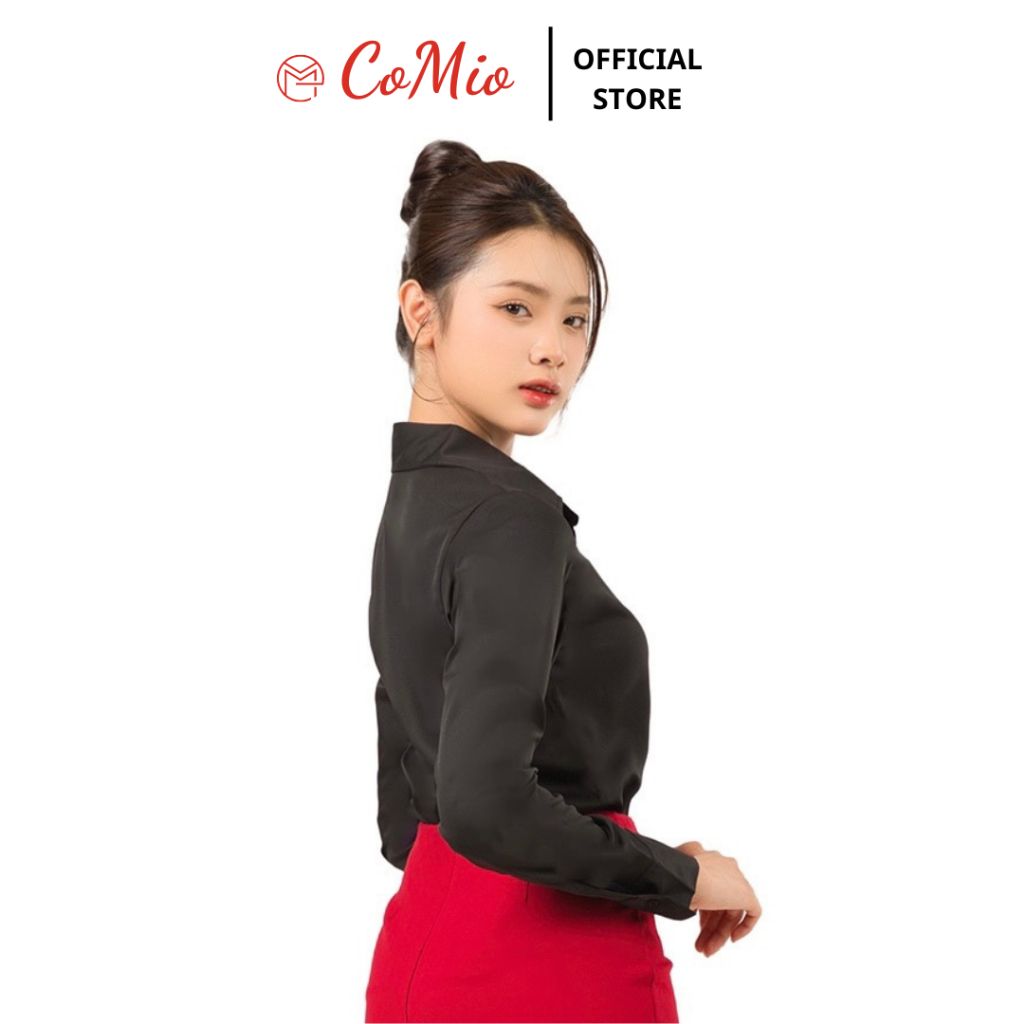 Áo sơ mi đen tay dài nữ CoMio công sở không nhăn, giấu nút chất vải cotton mềm mịn đứng fom thiết kế thanh lịch