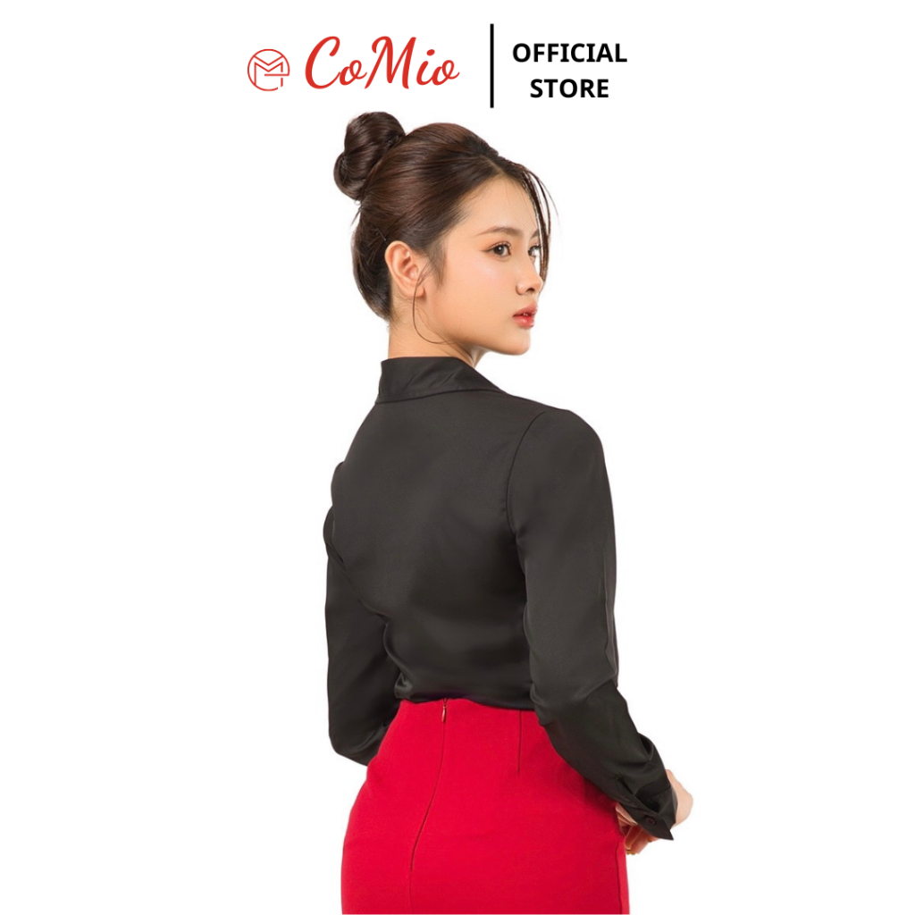 Áo sơ mi đen tay dài nữ CoMio công sở không nhăn, giấu nút chất vải cotton mềm mịn đứng fom thiết kế thanh lịch