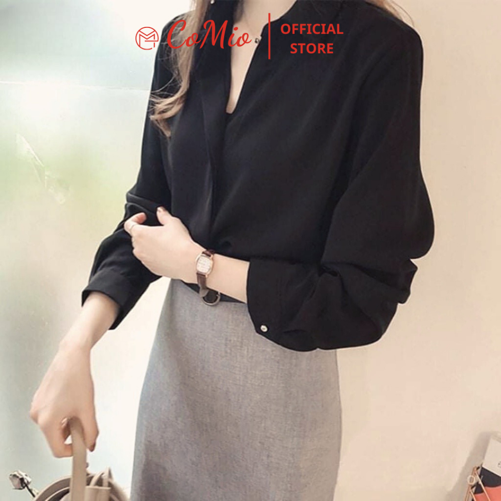 Áo sơ mi đen tay dài nữ CoMio công sở không nhăn, giấu nút chất vải cotton mềm mịn đứng fom thiết kế thanh lịch