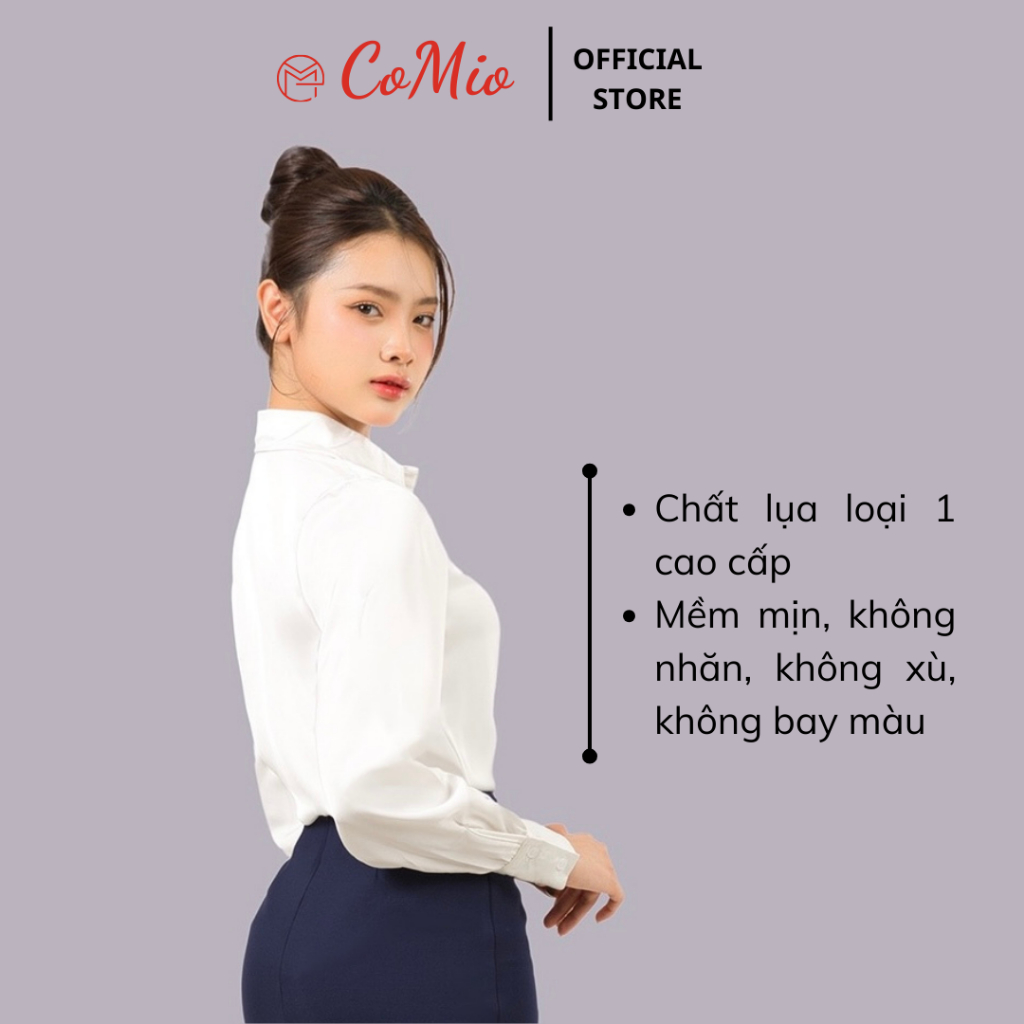 Áo sơ mi lụa trắng nữ công sở dài tay kiểu hàn quốc CoMio form rộng chất lụa đẹp cao cấp màu trắng nâu tây xanh đỏ rêu