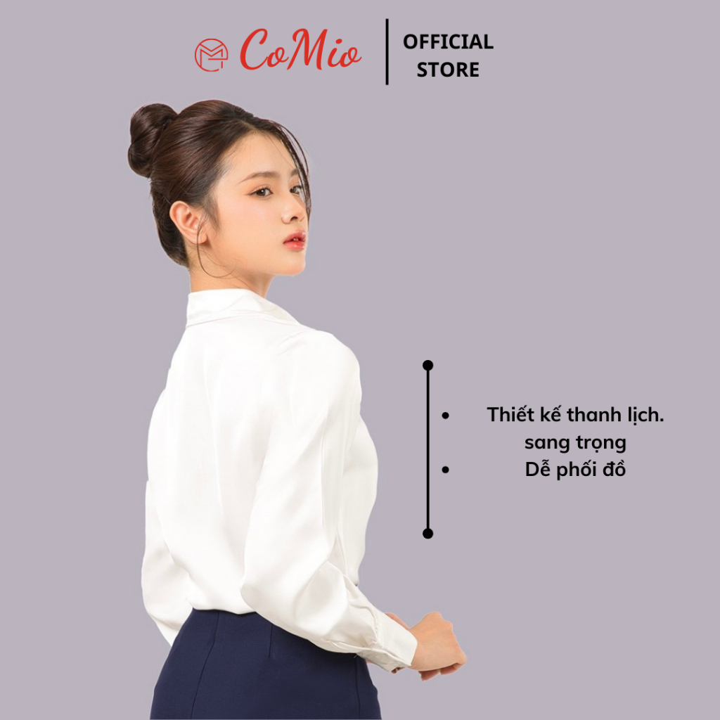 Áo sơ mi lụa trắng nữ công sở dài tay kiểu hàn quốc CoMio form rộng chất lụa đẹp cao cấp màu trắng nâu tây xanh đỏ rêu
