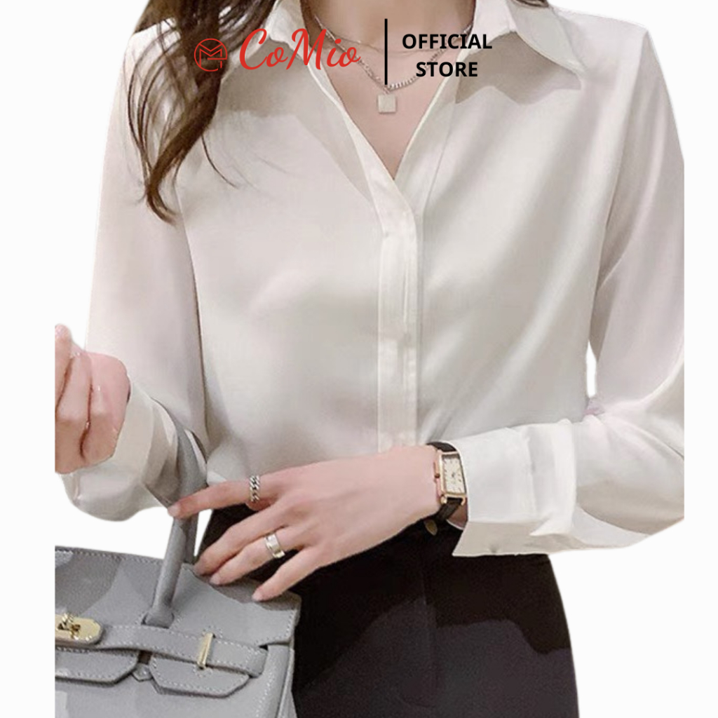 Áo sơ mi lụa trắng nữ công sở dài tay kiểu hàn quốc CoMio form rộng chất lụa đẹp cao cấp màu trắng nâu tây xanh đỏ rêu