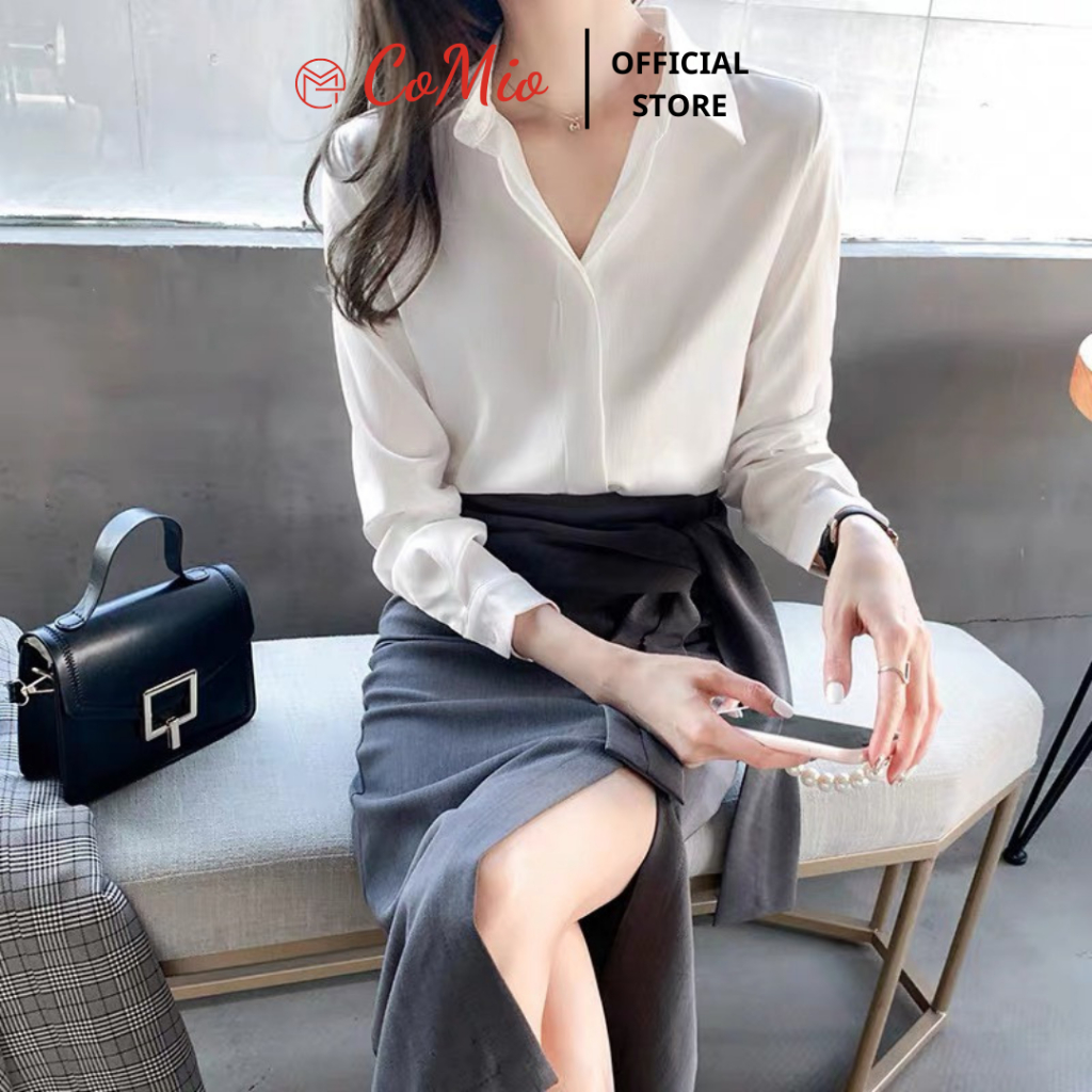Áo sơ mi lụa trắng nữ công sở dài tay kiểu hàn quốc CoMio form rộng chất lụa đẹp cao cấp màu trắng nâu tây xanh đỏ rêu