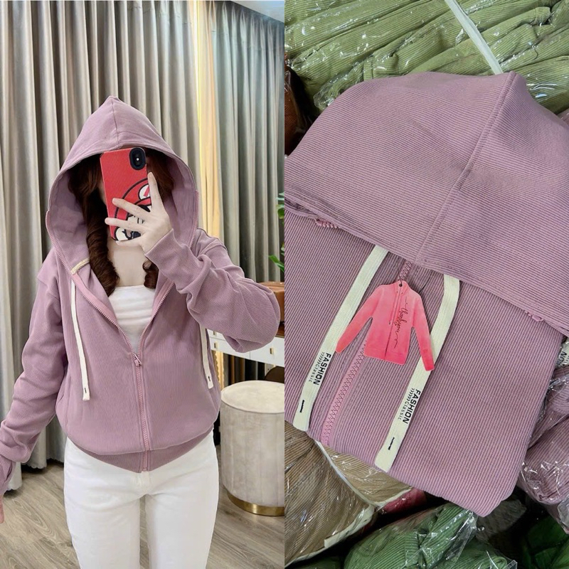 QUỲNH QUỲNH - Áo khoác nữ gân trơn [ Form dài + form rộng ]( 45-65kg),gân tăm dày mềm, 6 túi nón to,túi có khóa kéo -S13