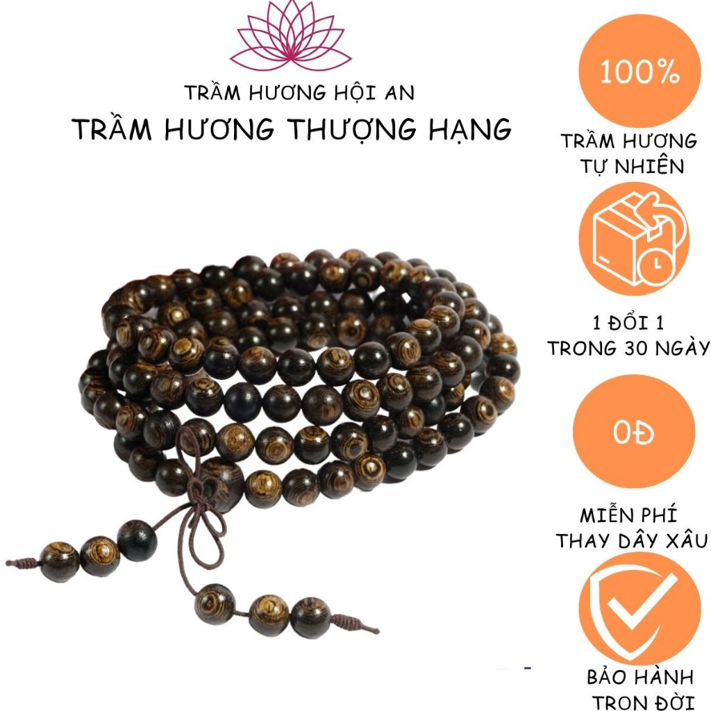 Vòng Tay Trầm Hương(8mm) 108 Hạt Trầm Sánh Chìm Việt - Chuỗi Tràng Hạt - Vòng Phong Thủy-Trầm Hương Bình An
