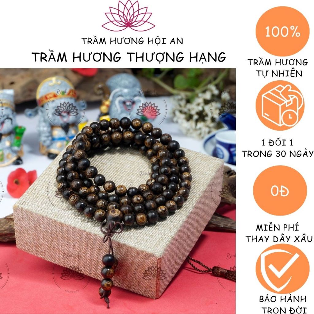 Vòng Tay Trầm Hương(8mm) 108 Hạt Trầm Sánh Chìm Việt - Chuỗi Tràng Hạt - Vòng Phong Thủy-Trầm Hương Bình An