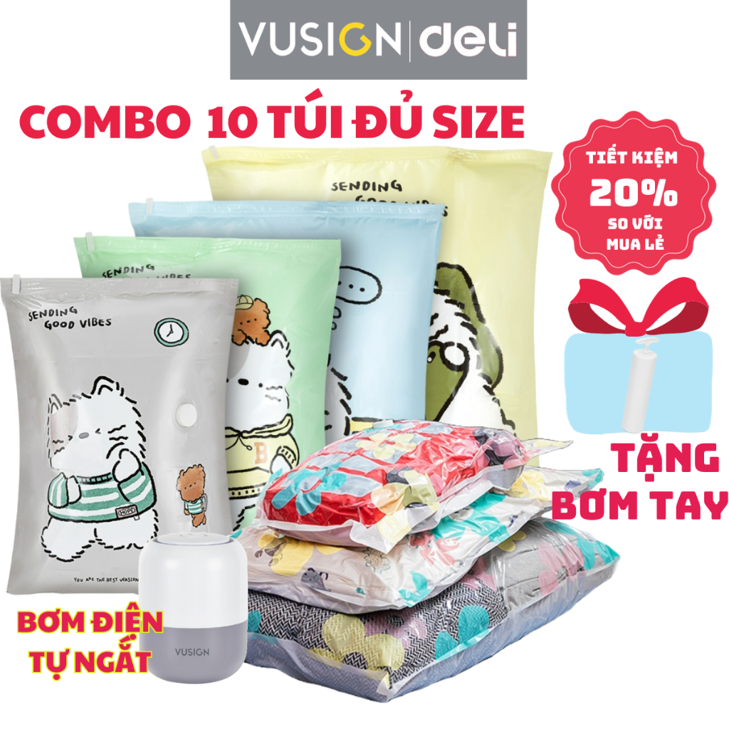 Combo 10 Túi Hút Chân Không Quần Áo Chăn Màn Đủ Size Deli Chống Ẩm Mốc Bảo Quản Quần Áo, Siêu Dai Tái Sử Dụng