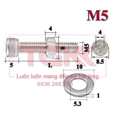 Bulong LGC đầu trụ kèm đai ốc, phẳng inox 304 M5 (6mm - 50mm) (DIN912 ...