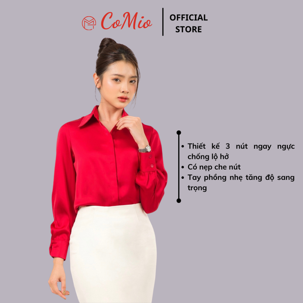 Áo sơ mi lụa đỏ nữ công sở dài tay CoMio chất lụa đẹp cao cấp kiểu hàn quốc form rộng nó nẹp che nút thiết kế thanh lịch