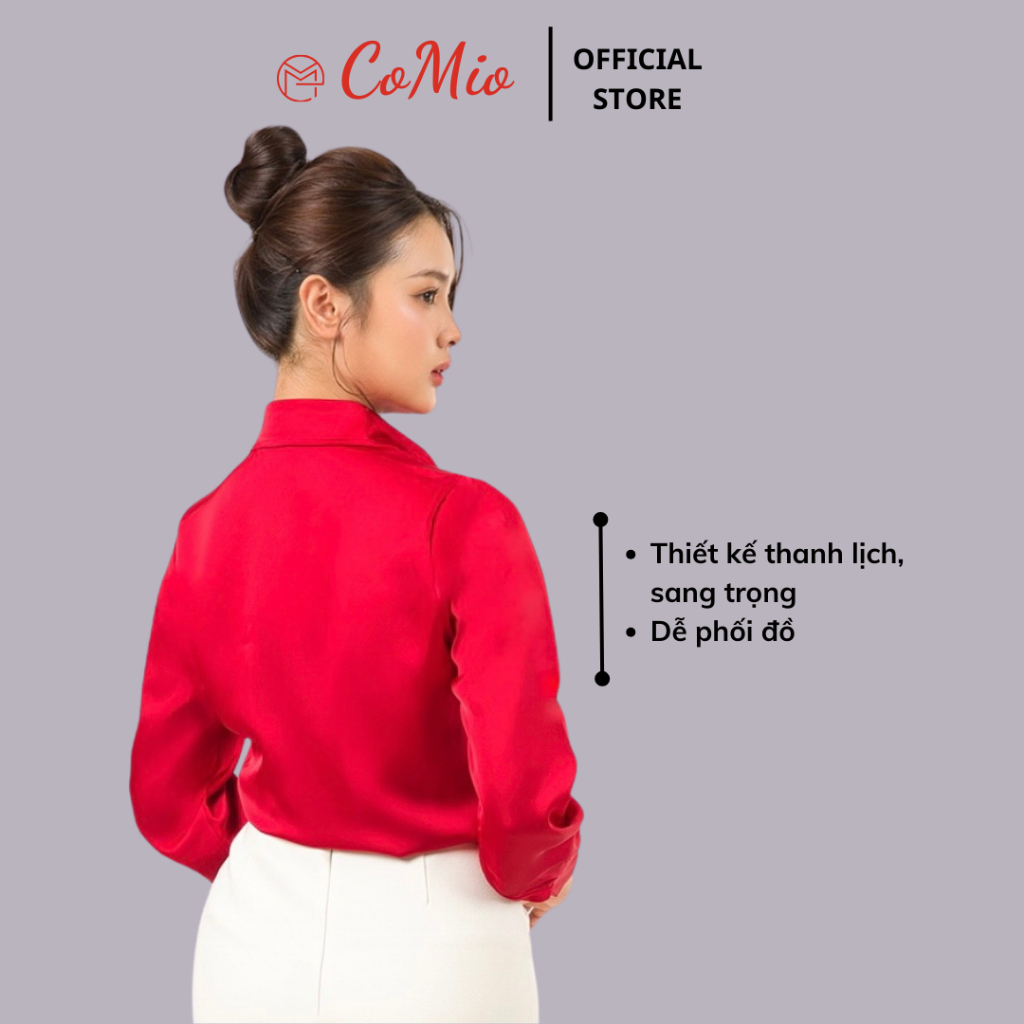 Áo sơ mi lụa đỏ nữ công sở dài tay CoMio chất lụa đẹp cao cấp kiểu hàn quốc form rộng nó nẹp che nút thiết kế thanh lịch