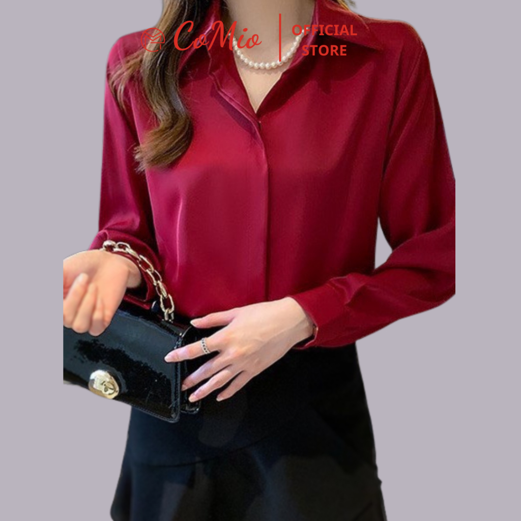 Áo sơ mi lụa đỏ nữ công sở dài tay CoMio chất lụa đẹp cao cấp kiểu hàn quốc form rộng nó nẹp che nút thiết kế thanh lịch