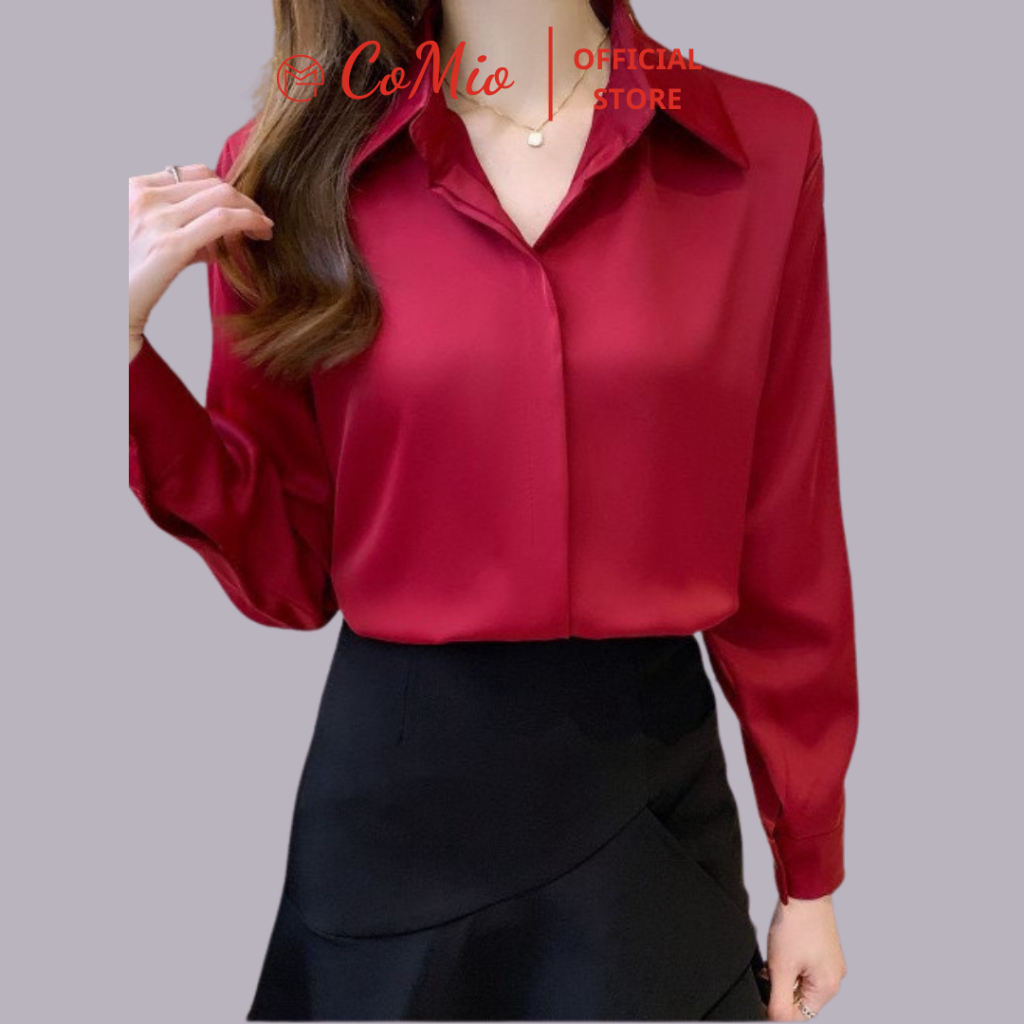Áo sơ mi lụa đỏ nữ công sở dài tay CoMio chất lụa đẹp cao cấp kiểu hàn quốc form rộng nó nẹp che nút thiết kế thanh lịch