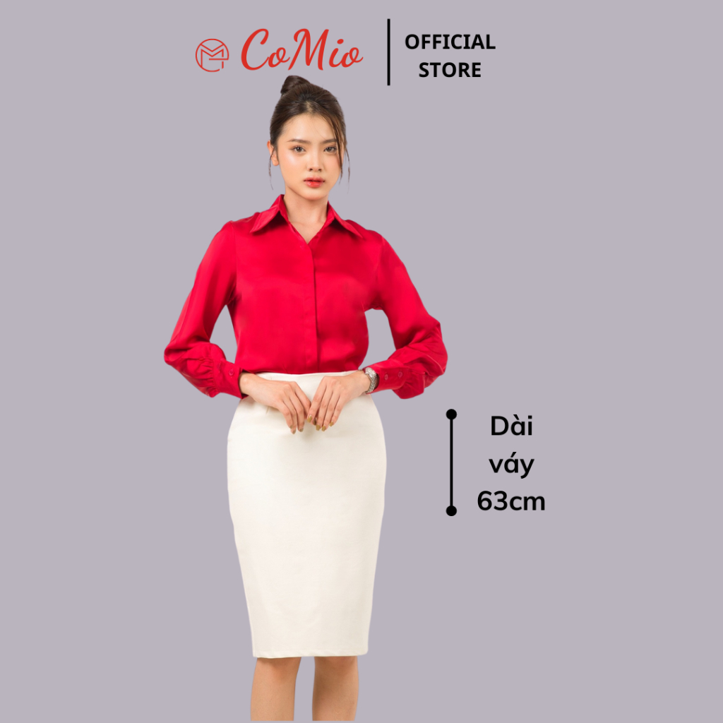 Chân váy bút chì màu kem CoMio công sở dáng dài qua gối 63cm lưng cao xẻ sau chất umi đẹp kiểu hàn quốc vintage cá tính