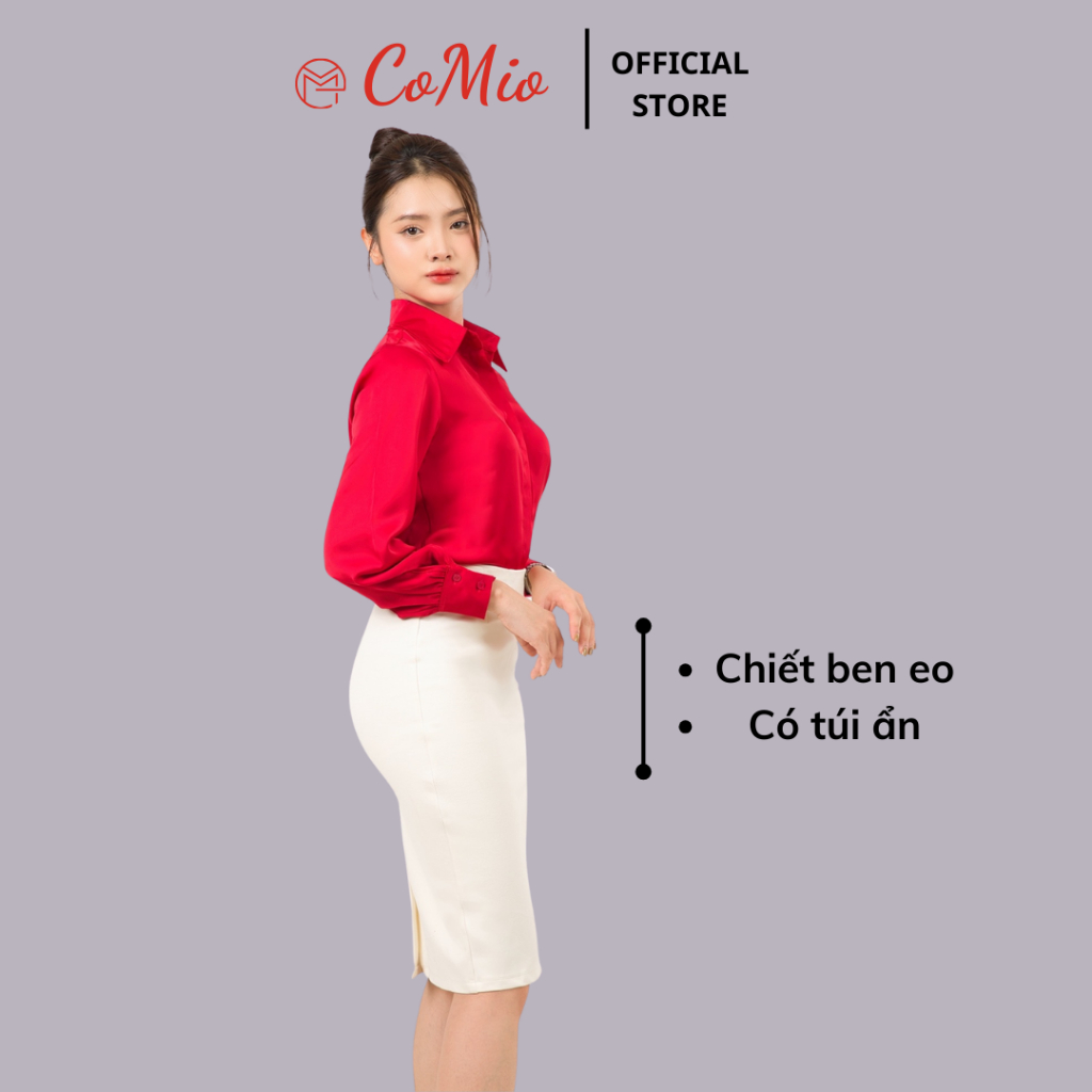 Chân váy bút chì màu kem CoMio công sở dáng dài qua gối 63cm lưng cao xẻ sau chất umi đẹp kiểu hàn quốc vintage cá tính
