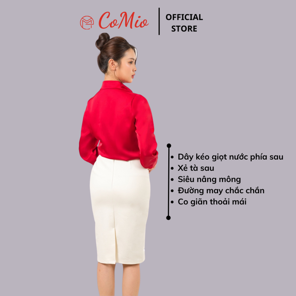 Chân váy bút chì màu kem CoMio công sở dáng dài qua gối 63cm lưng cao xẻ sau chất umi đẹp kiểu hàn quốc vintage cá tính