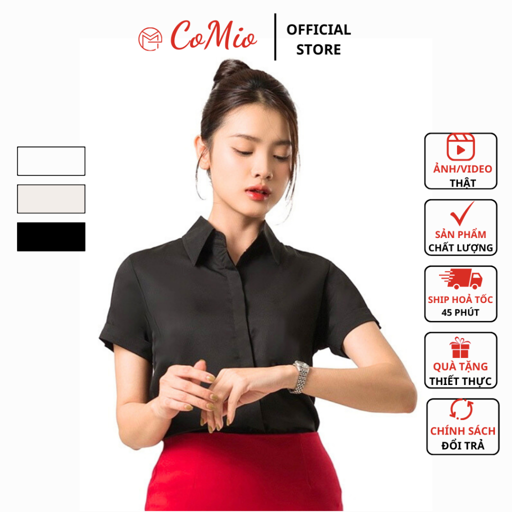 Áo sơ mi đen tay ngắn CoMio công sở cộc tay , chất vải cotton thoáng mát thấm hút mồ hôi có nẹp che nút kiểu hàn quốc