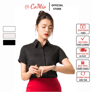 Áo sơ mi đen tay ngắn CoMio công sở cộc tay , chất vải cotton thoáng mát thấm hút mồ hôi có nẹp che nút kiểu hàn quốc