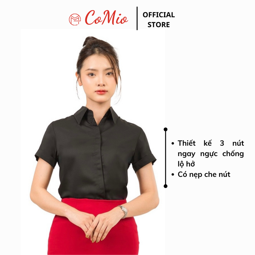 Áo sơ mi đen tay ngắn CoMio công sở cộc tay , chất vải cotton thoáng mát thấm hút mồ hôi có nẹp che nút kiểu hàn quốc