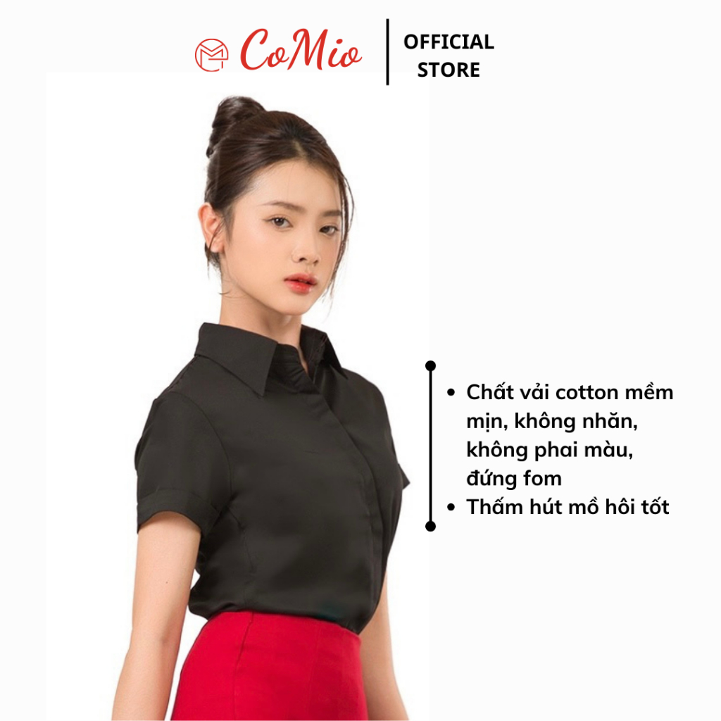 Áo sơ mi đen tay ngắn CoMio công sở cộc tay , chất vải cotton thoáng mát thấm hút mồ hôi có nẹp che nút kiểu hàn quốc
