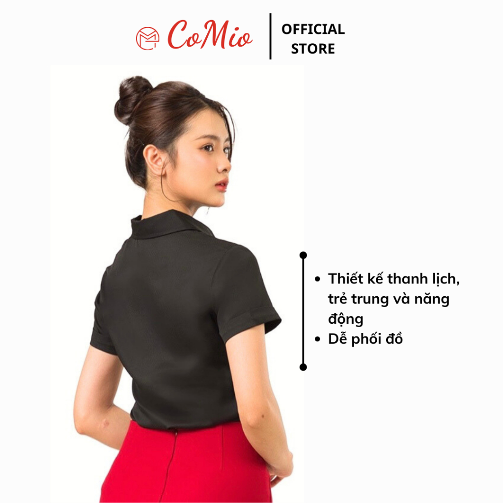 Áo sơ mi đen tay ngắn CoMio công sở cộc tay , chất vải cotton thoáng mát thấm hút mồ hôi có nẹp che nút kiểu hàn quốc