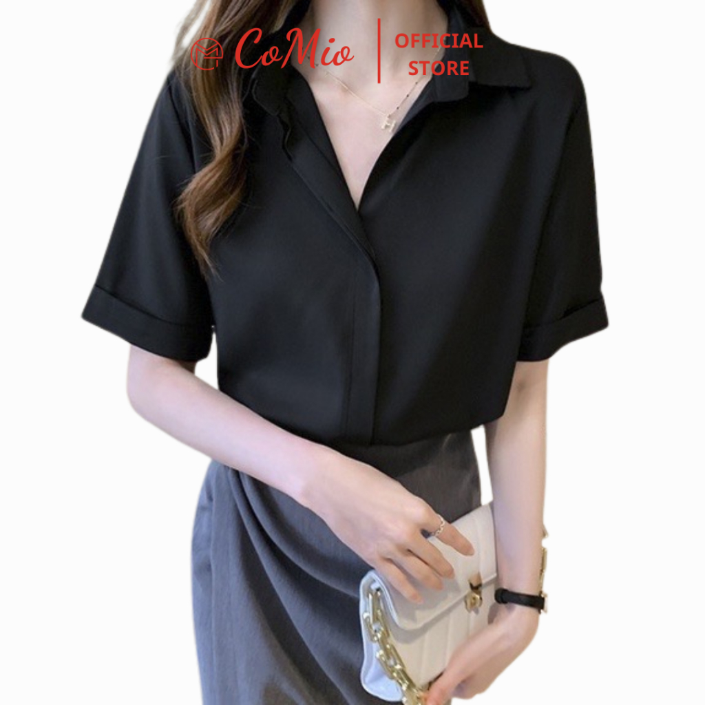 Áo sơ mi đen tay ngắn CoMio công sở cộc tay , chất vải cotton thoáng mát thấm hút mồ hôi có nẹp che nút kiểu hàn quốc
