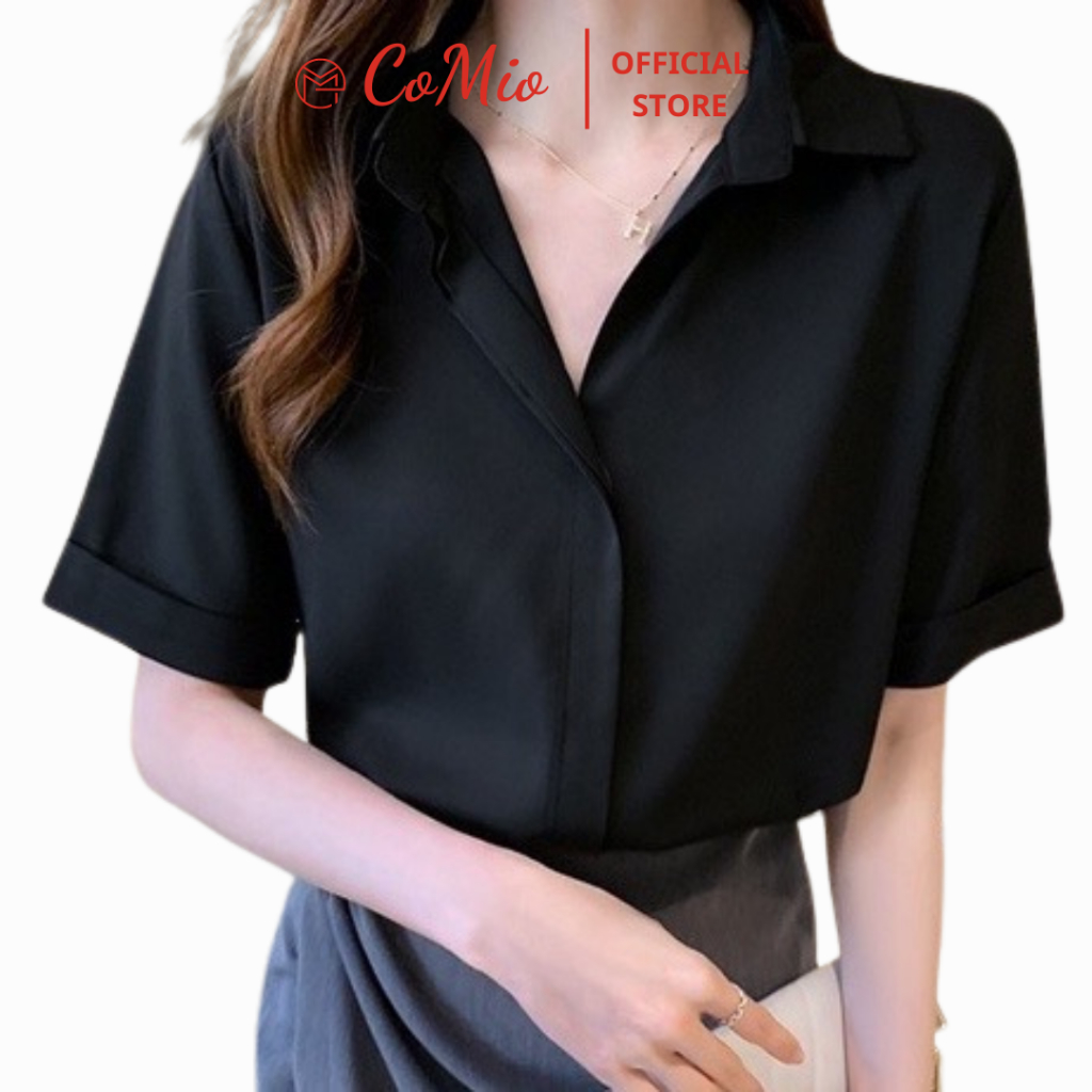 Áo sơ mi đen tay ngắn CoMio công sở cộc tay , chất vải cotton thoáng mát thấm hút mồ hôi có nẹp che nút kiểu hàn quốc