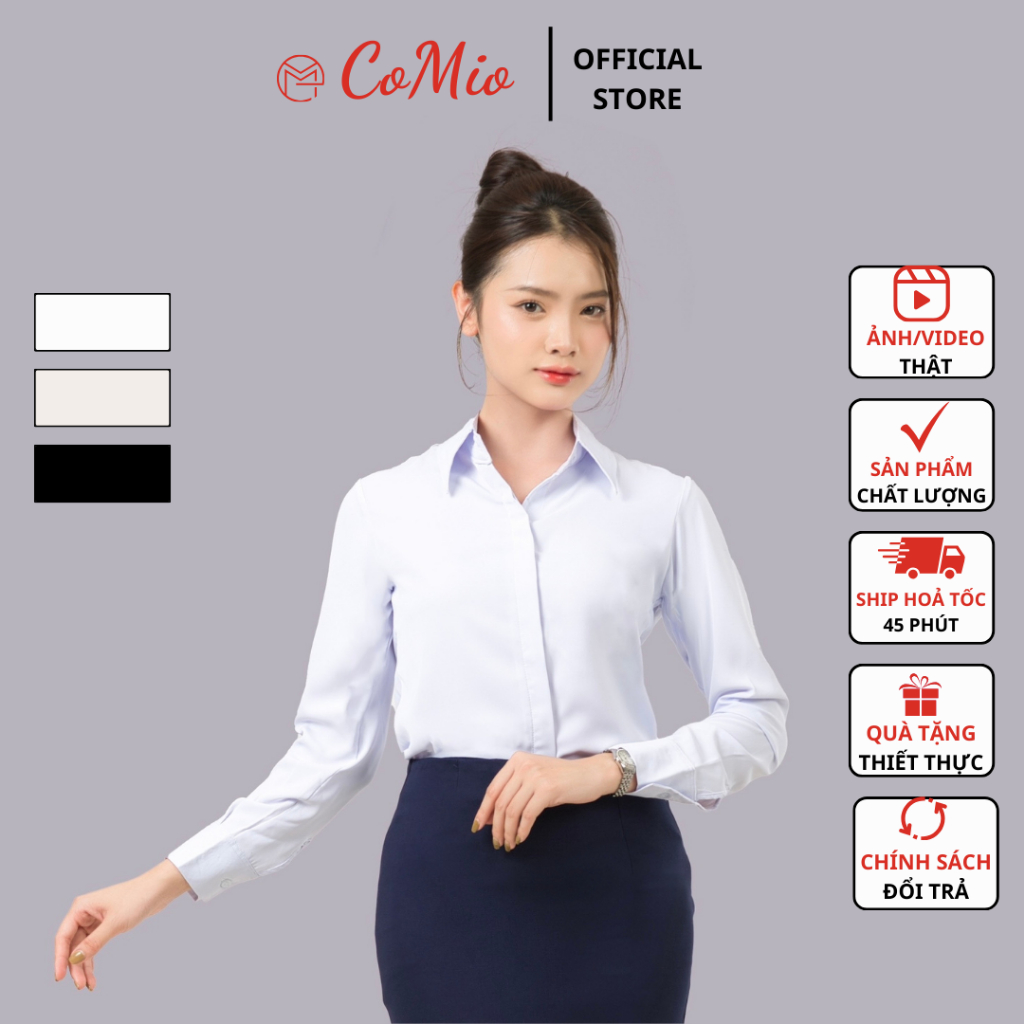 Áo sơ mi trắng tay dài nữ CoMio fom suông giấu nút công sở chất vải cotton thấm hút mồ hôi, mềm mịn không nhăn đứng fom