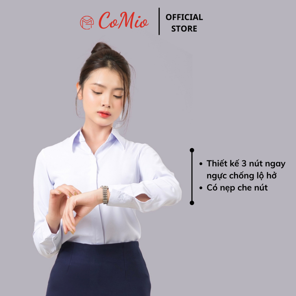 Áo sơ mi trắng tay dài nữ CoMio fom suông giấu nút công sở chất vải cotton thấm hút mồ hôi, mềm mịn không nhăn đứng fom