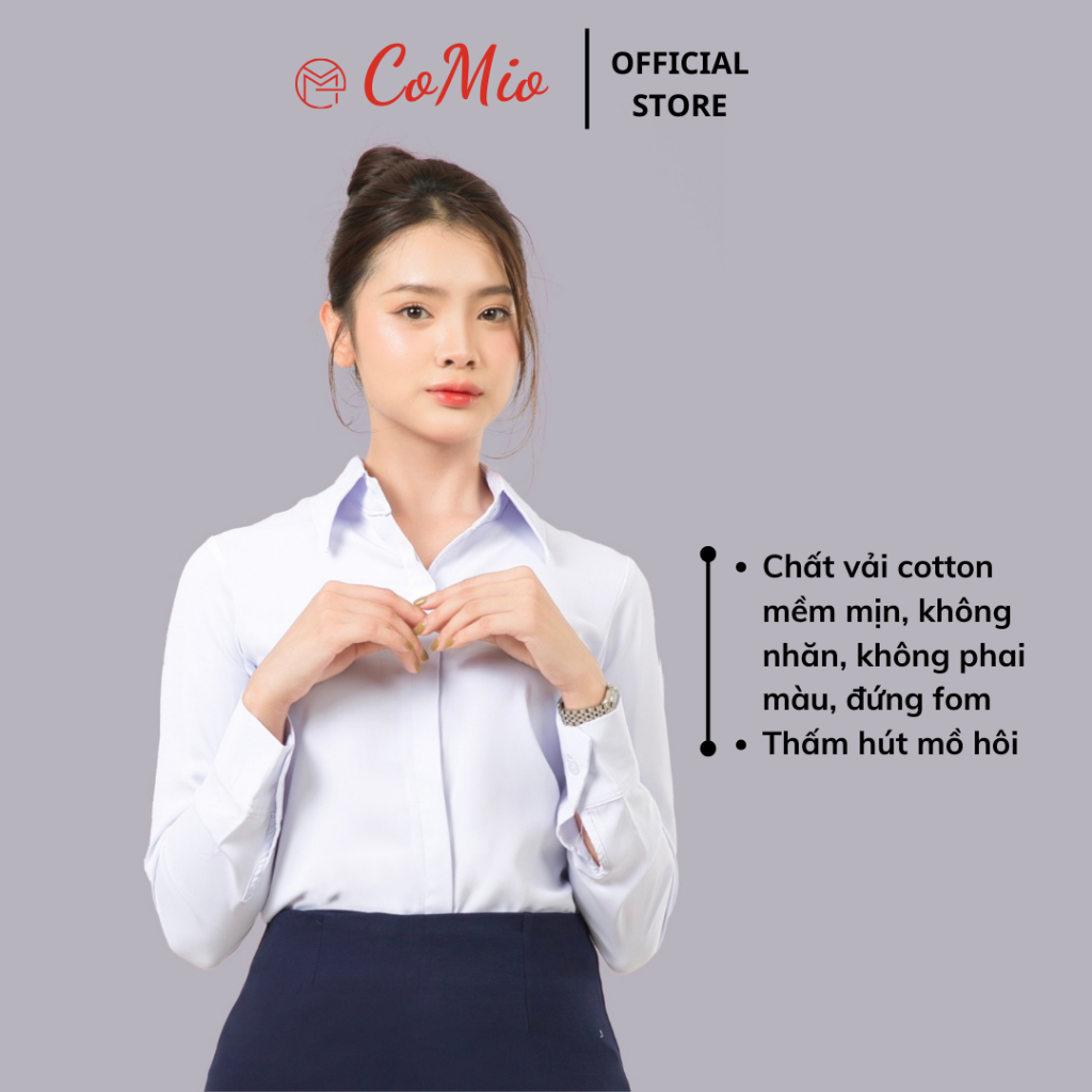 Áo sơ mi trắng tay dài nữ CoMio fom suông giấu nút công sở chất vải cotton thấm hút mồ hôi, mềm mịn không nhăn đứng fom