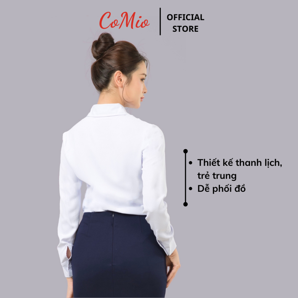 Áo sơ mi trắng tay dài nữ CoMio fom suông giấu nút công sở chất vải cotton thấm hút mồ hôi, mềm mịn không nhăn đứng fom