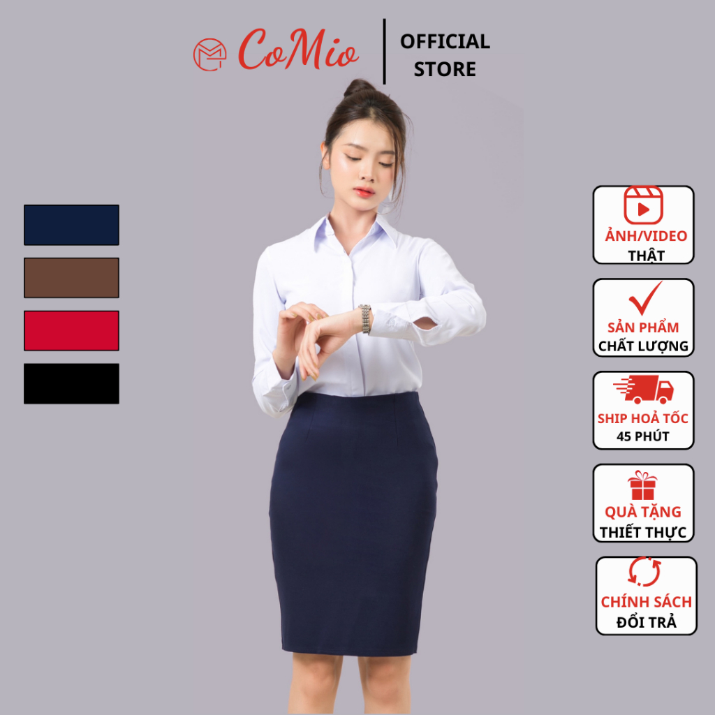 Chân váy bút chì màu xanh CoMio công sở dài ngang gối 55cm cạp cao xẻ tà chất umi co giãn siêu nâng mông