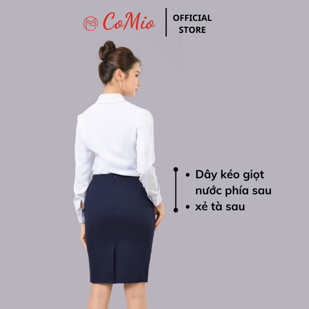 Chân váy bút chì màu xanh CoMio công sở dài ngang gối 55cm cạp cao xẻ tà chất umi co giãn siêu nâng mông