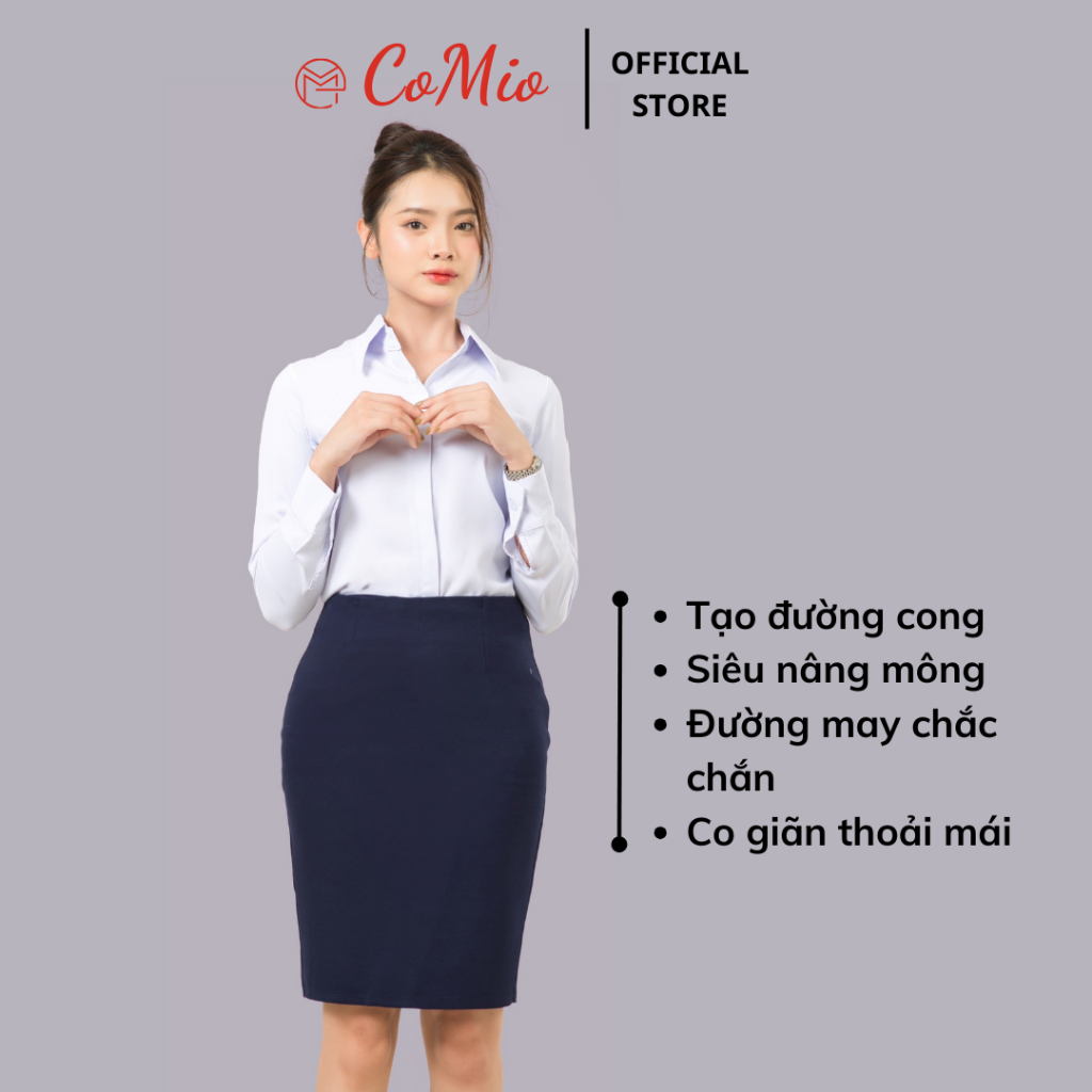 Chân váy bút chì màu xanh CoMio công sở dài ngang gối 55cm cạp cao xẻ tà chất umi co giãn siêu nâng mông