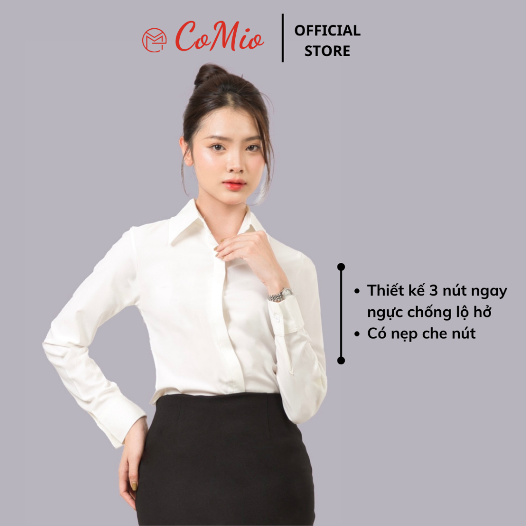 Áo sơ mi tay dài trắng kem nữ CoMio công sở fom suông chất vải cotton thấm hút mồ hôi, không nhăn, giấu nút kiểu basic