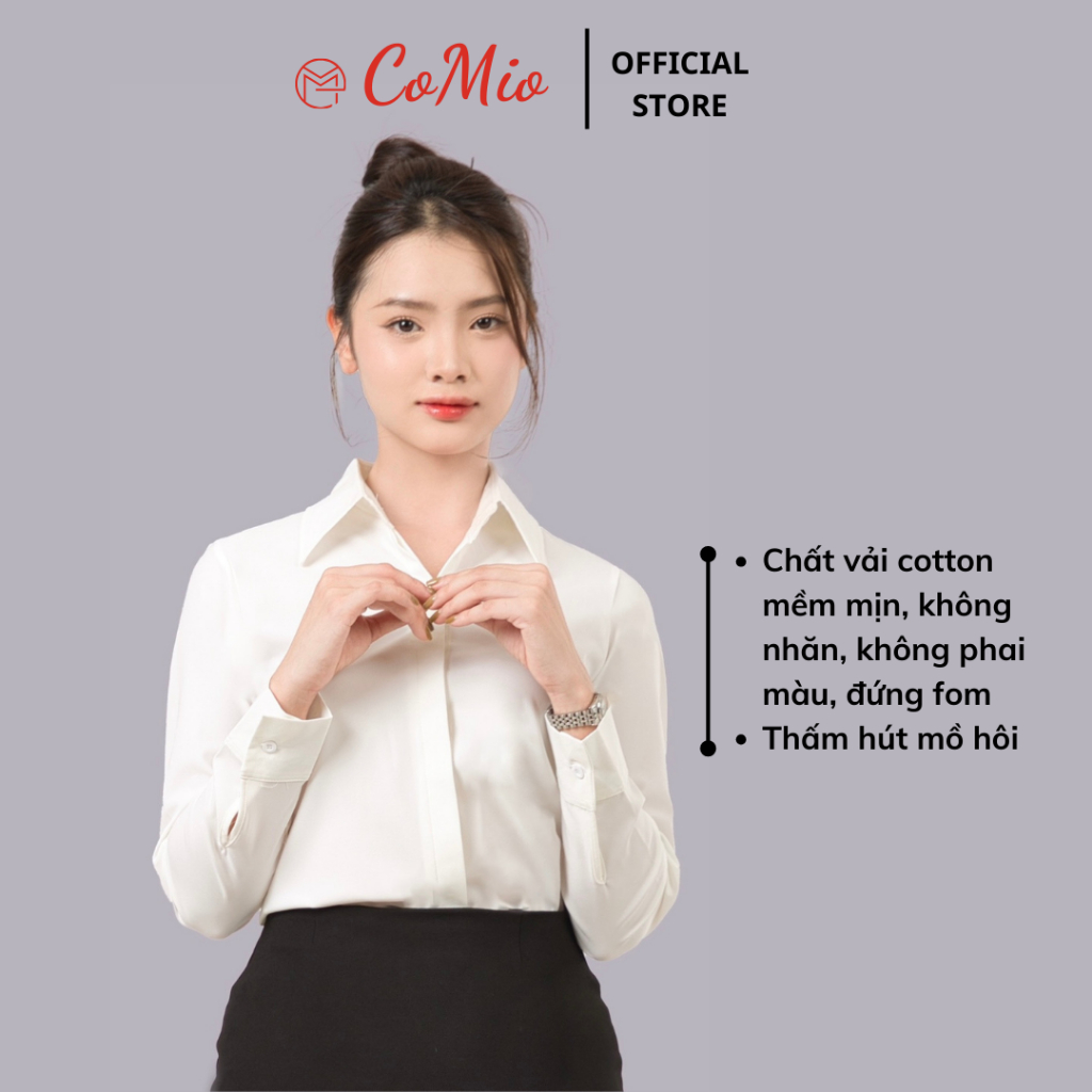 Áo sơ mi tay dài trắng kem nữ CoMio công sở fom suông chất vải cotton thấm hút mồ hôi, không nhăn, giấu nút kiểu basic