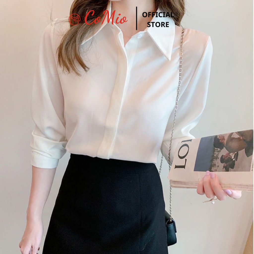 Áo sơ mi tay dài trắng kem nữ CoMio công sở fom suông chất vải cotton thấm hút mồ hôi, không nhăn, giấu nút kiểu basic