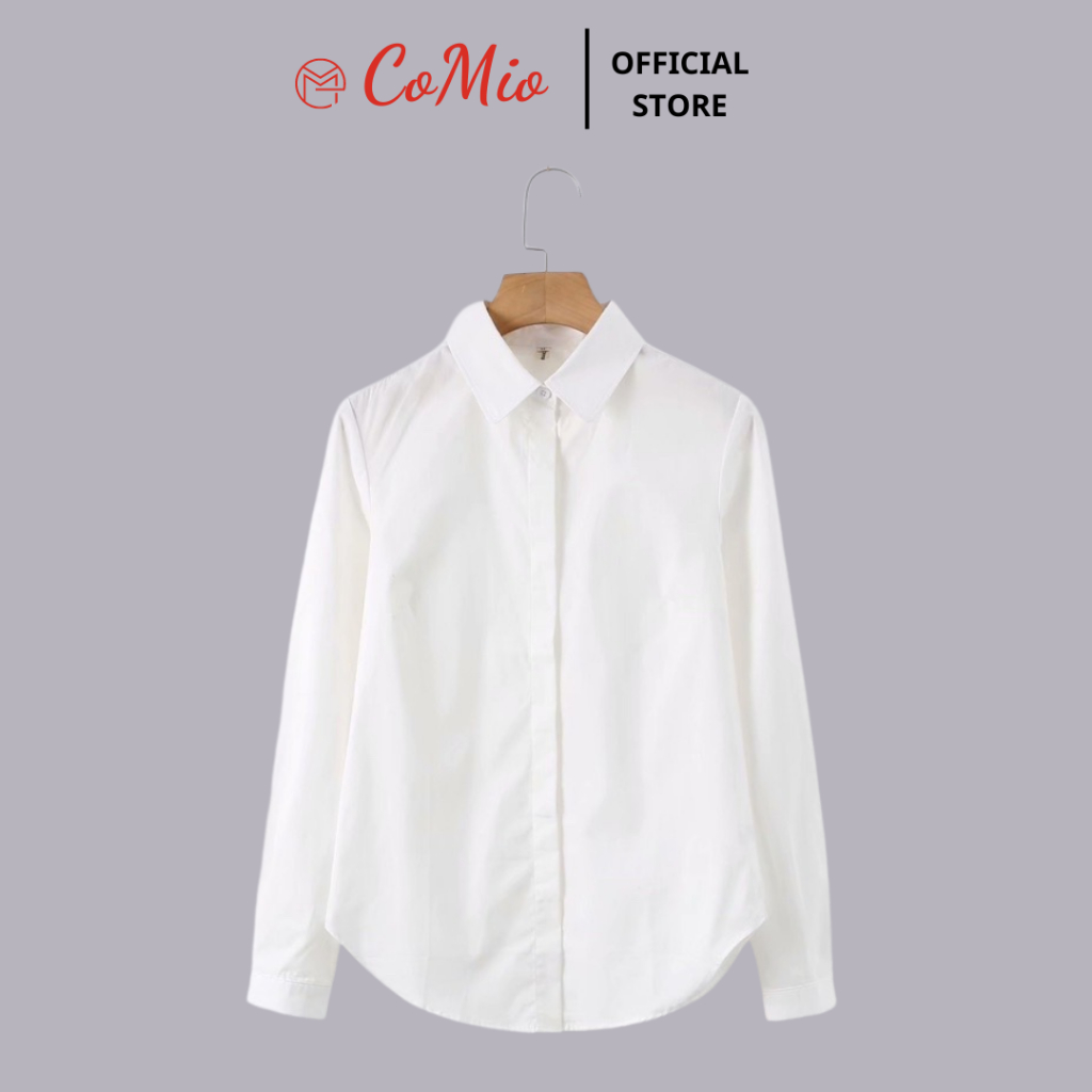 Áo sơ mi tay dài trắng kem nữ CoMio công sở fom suông chất vải cotton thấm hút mồ hôi, không nhăn, giấu nút kiểu basic