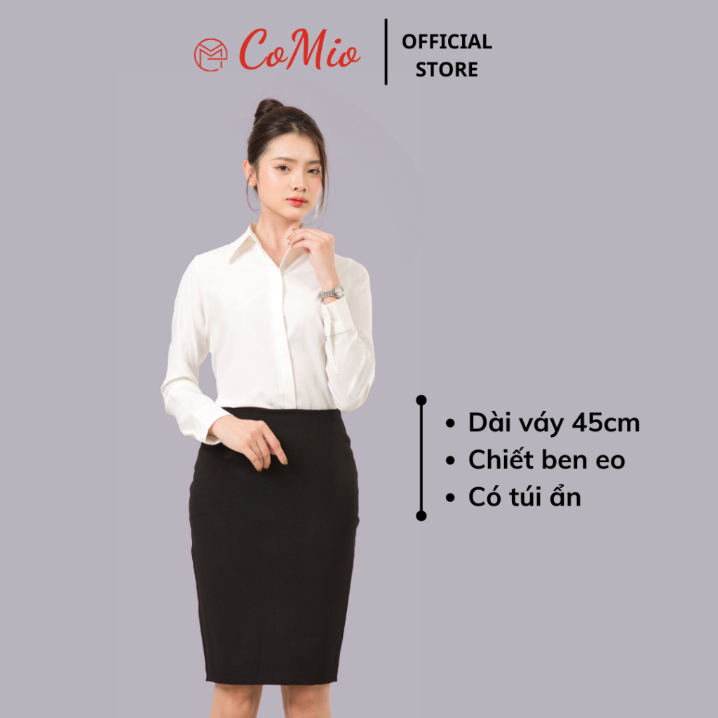 Chân váy bút chì màu đen CoMio công sở dài 45cm có xẻ tà sau chất umi co giãn siêu nâng mông thiết kế trẻ trung