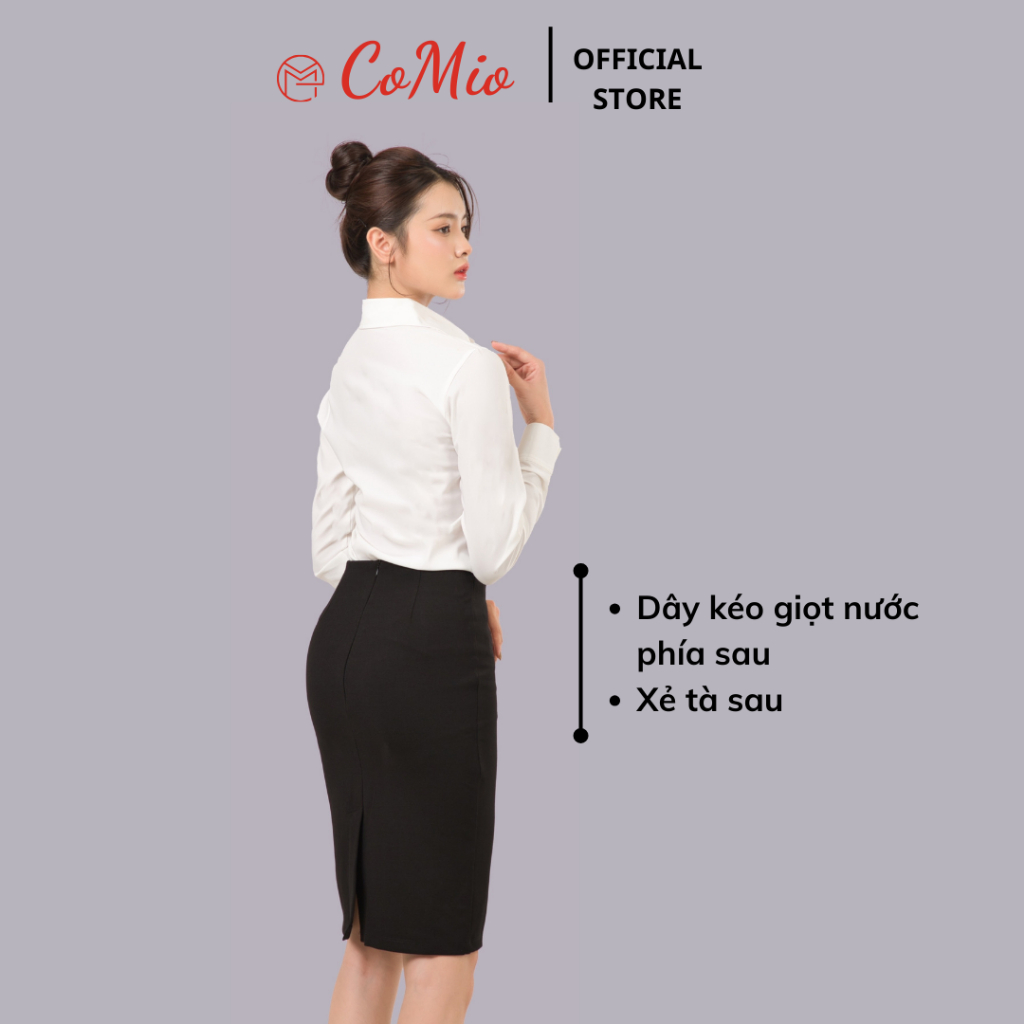 Chân váy bút chì màu đen CoMio công sở dài 45cm có xẻ tà sau chất umi co giãn siêu nâng mông thiết kế trẻ trung