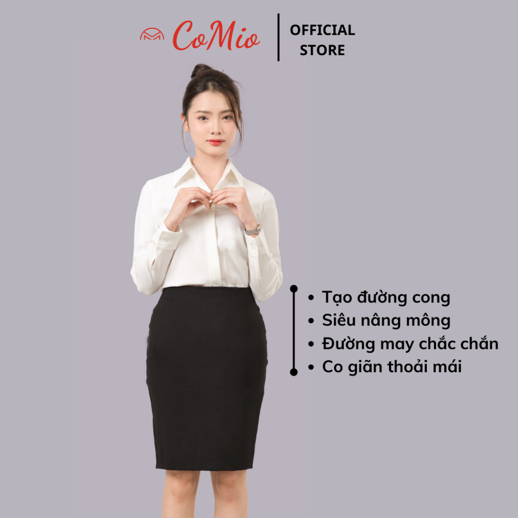 Chân váy bút chì màu đen CoMio công sở dài 45cm có xẻ tà sau chất umi co giãn siêu nâng mông thiết kế trẻ trung