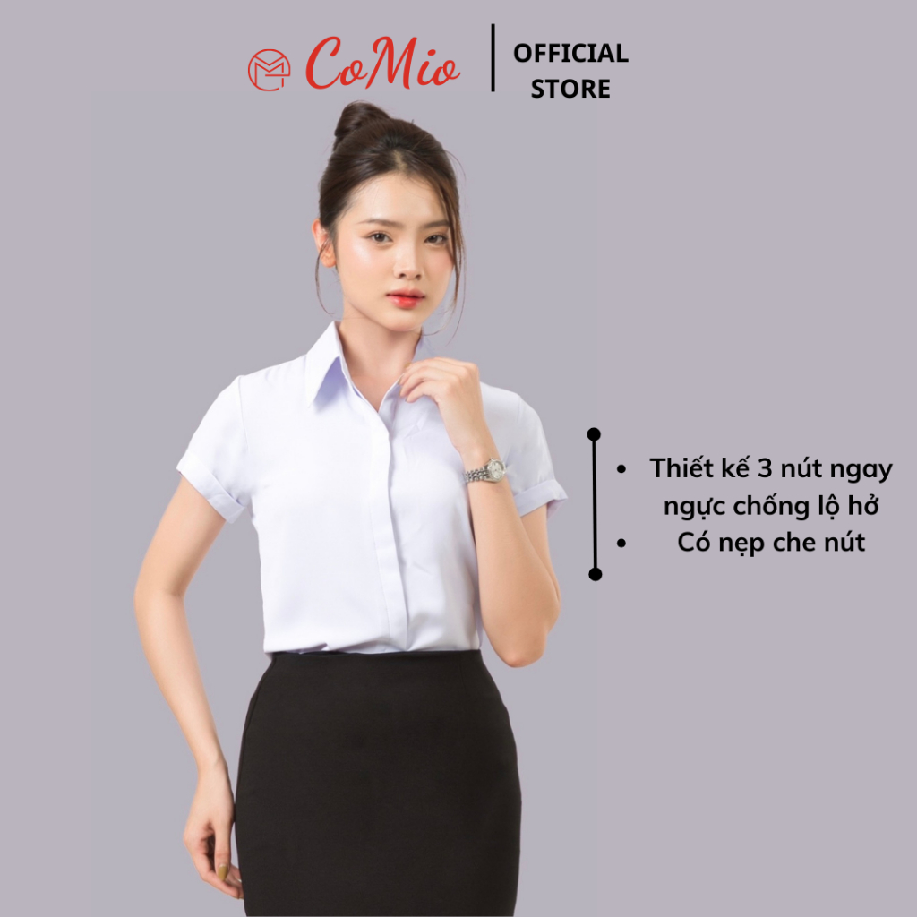 Áo sơ mi trắng nữ tay ngắn CoMio công sở chất vải cotton thoáng mát thấm hút mồ hôi không nhăn kiểu dáng hàn quốc