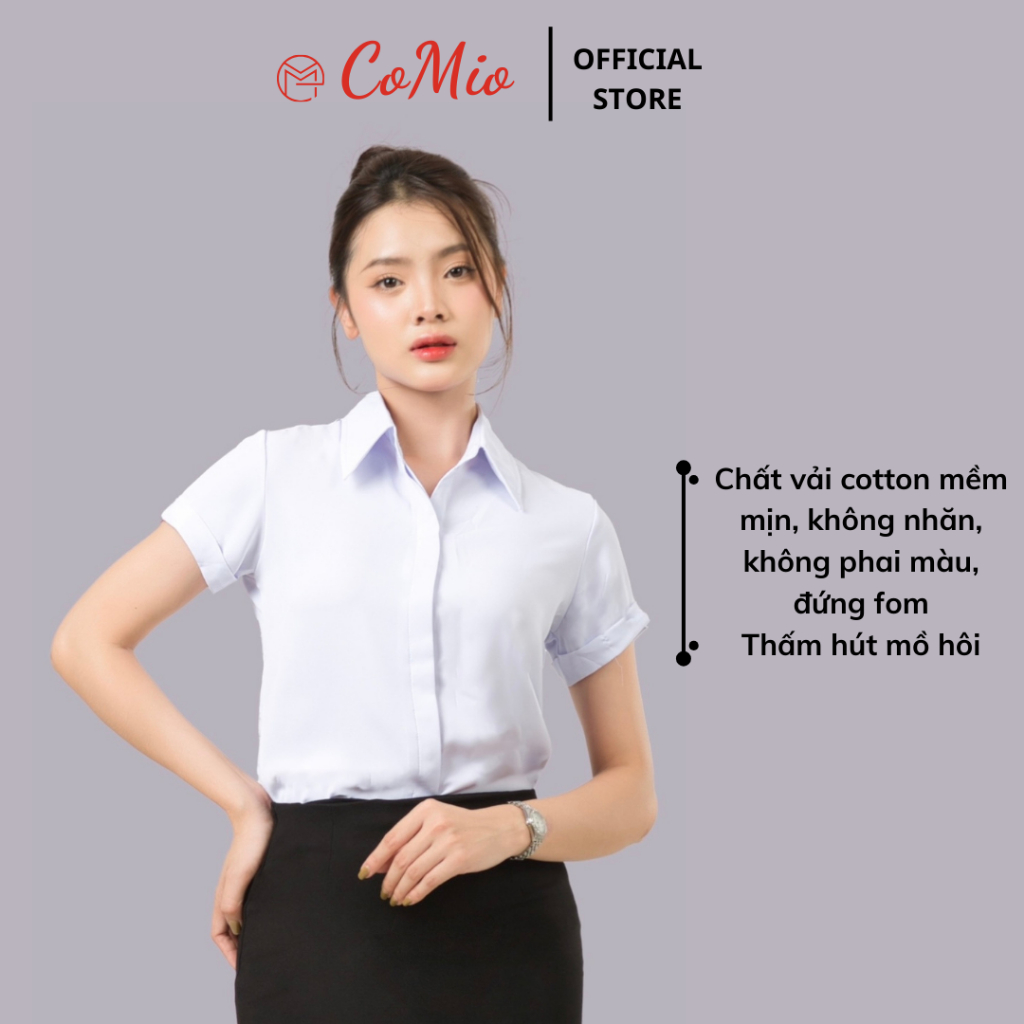 Áo sơ mi trắng nữ tay ngắn CoMio công sở chất vải cotton thoáng mát thấm hút mồ hôi không nhăn kiểu dáng hàn quốc