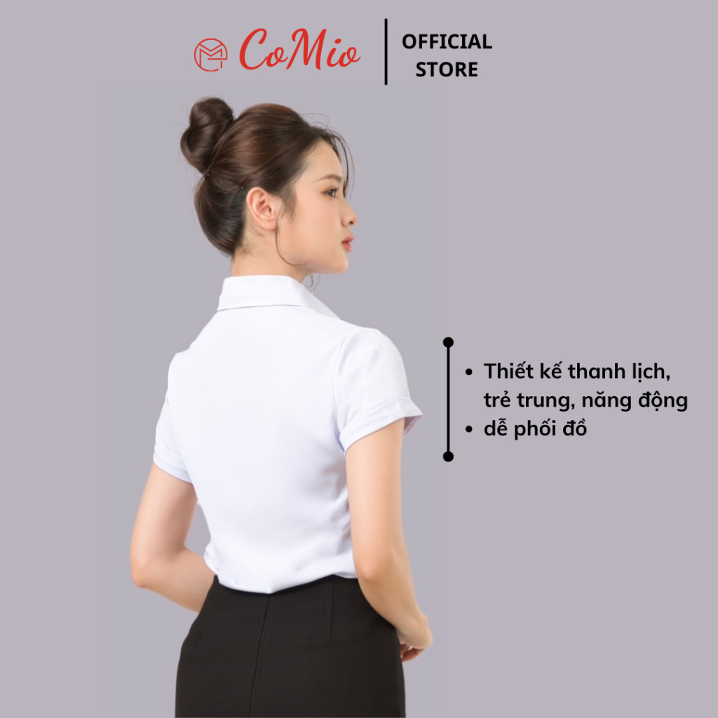 Áo sơ mi trắng nữ tay ngắn CoMio công sở chất vải cotton thoáng mát thấm hút mồ hôi không nhăn kiểu dáng hàn quốc
