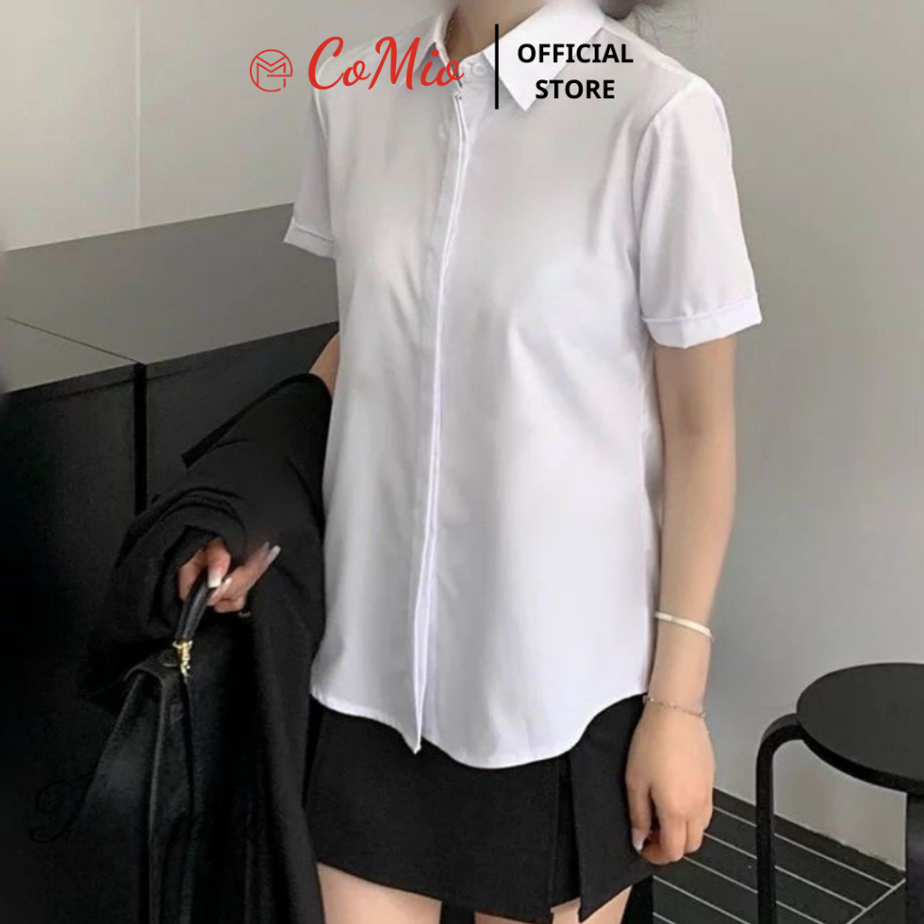 Áo sơ mi trắng nữ tay ngắn CoMio công sở chất vải cotton thoáng mát thấm hút mồ hôi không nhăn kiểu dáng hàn quốc